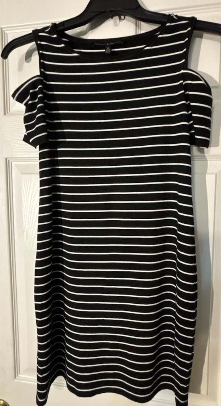 White House Black Market Black and White Striped Cold Shoulder Dress